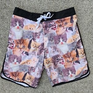 Bioworld Kitten Novelty Cat Print Hybrid Dad Board Shorts Swim Trunks White Lrg